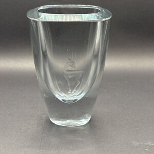 Signed Strombergshyttan Swedish Art Glass Etched Gazelle Vase B858 C705